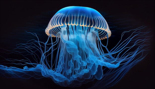 Realistyczne meduzy niebieskie rozjaśniające trujące meduzy w ciemnej głębokiej wodzie ze świecącym planktonowym stworzeniem głębinowym