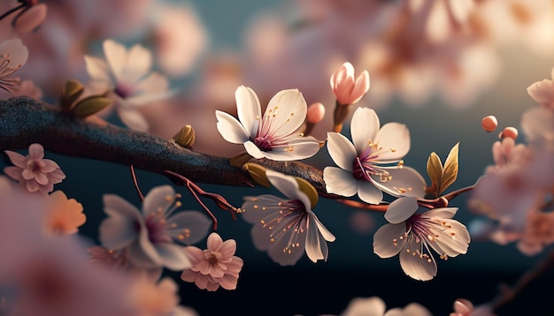 Realistyczne niewyraźne wiosenne tło z kolorowymi kwiatami Generative AI