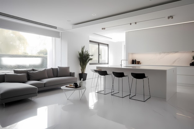 Realistyczne renderowanie 3D piękny poranek w nowoczesnej kuchni w minimalistycznym czarno-białym pokoju
