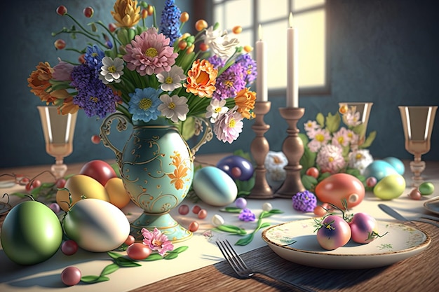 Realistyczne renderowanie 3D udekorowanego stołu wielkanocnego ze świecami kwiatowymi i malowanymi jajkami