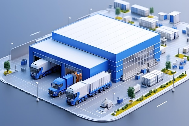 Realistyczne renderowanie stacji dokującej magazynu logistycznego transportu biznesowego Fabryka i dom transportowy