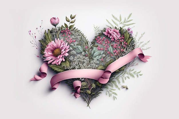Realistyczne różowe serce z polnymi kwiatami na walentynki satynową wstążką na białym tle Generative AI