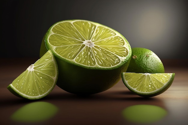 Realistyczne smaczne owoce limonki wyizolowane na drewnianym stole Generative AI
