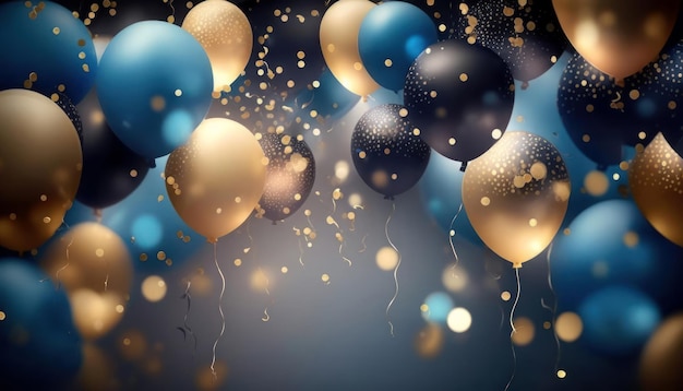 Realistyczne świąteczne tło ze złotymi i niebieskimi balonami konfetti rozmyte tło i światła bokeh generowane przez AI