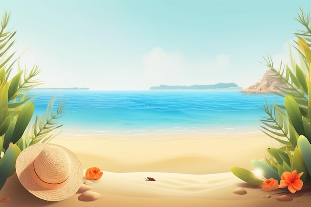 Realistyczne tło lato Żywy tropikalny motyw z widokiem na ocean i palmami