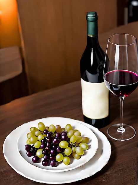 Zdjęcie realistyczne winogrona i wino neutralne kolory ciepłe oświetlenie szczegółowe przytulna atmosfera opuszczona restauracja w ekstremalnym długim ujęciu generatywna sztuczna inteligencja generowana