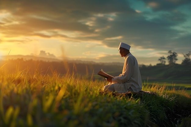 realistyczne zdjęcie islamskiego muazina adzana na zielonej sawanie