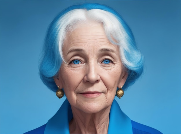 Realistyczne zdjęcie jednej starszej kobiety z niebieskim tłem autorstwa Generative AI