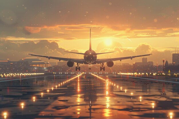 Realistyczne zdjęcie lotniska z samolotem startującym w świetle dziennym