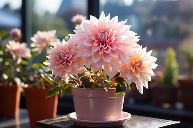 Zdjęcie realistyczne_zdjęcie_of_a_dahlia_flower_in_a_pot_in_the_morni