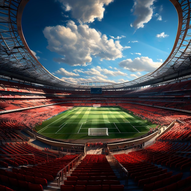 realistyczne zdjęcie oświetlonego nowoczesnego stadionu piłkarskiego