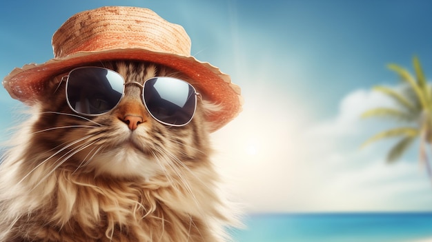 Realistyczne zdjęcie wesołego, puszystego kota na wakacjach w kapeluszu panamskim Podróże i wakacje