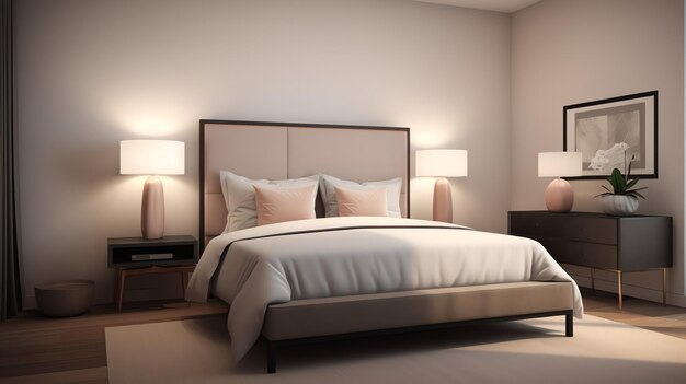 Realistyczne zdjęcie wnętrza sypialni w nowoczesnym stylu z ciepłym światłem