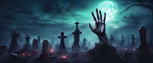 Realistyczne zombie wznoszące się w ciemnym sztandarze ręka wyciąga się z cmentarza w nocy z pełnią księżyca