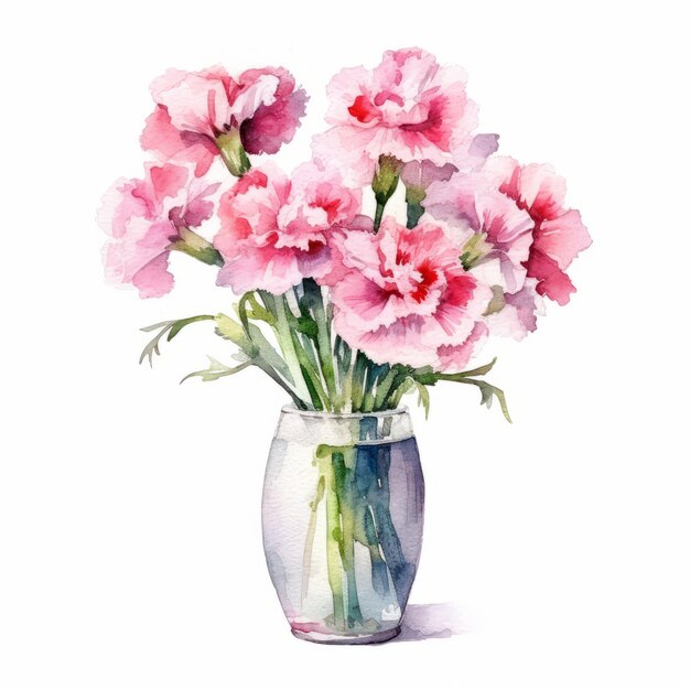Realistyczny akwarel różowy bukiet goździków w szklanym wazonie