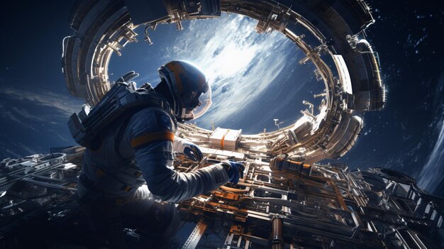 Zdjęcie realistyczny astronauta naprawia statek kosmiczny.