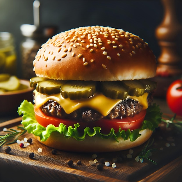 realistyczny burger w ciemnej kuchni