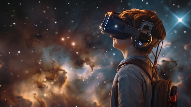 realistyczny chłopiec z uprzężem i przypadkiem wirtualnej rzeczywistości z gwiezdnym przestrzenią AI generatywny