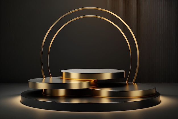 Realistyczny cylinder 3D z luksusowym i złotym podium do wyświetlania produktów. Wygenerowane przez sztuczną inteligencję