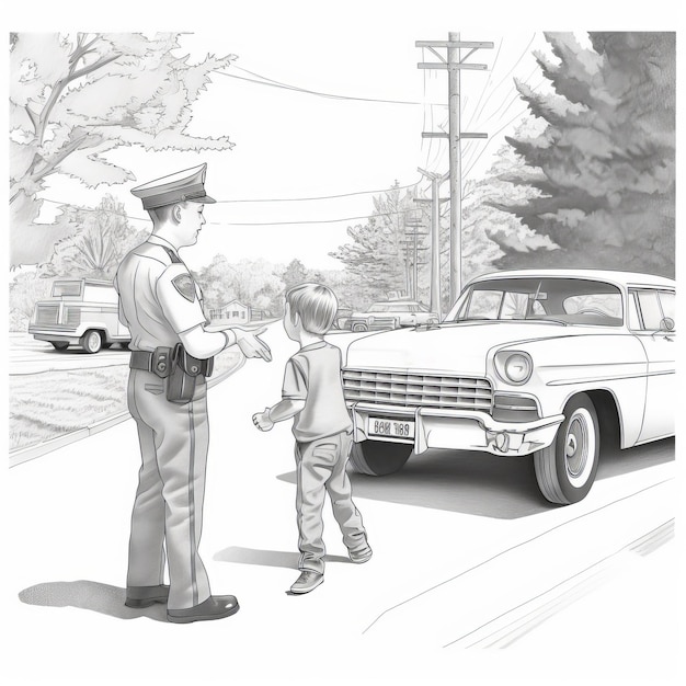 Realistyczny czarno-biały rysunek przedstawiający funkcjonariusza policji wchodzącego w interakcję z dzieckiem