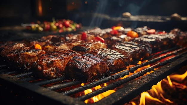 Realistyczny Grill Z Roztopionym Sosem Barbecue I Ciętymi Warzywami Czarnym I Niewyraźnym Tłem