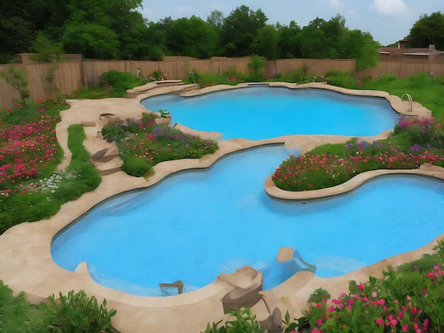 Realistyczny i nowoczesny basen z ogrodem kwiatowym 8k