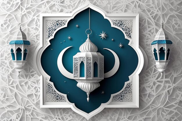 Realistyczny islamski Ramadan Kareem Tło z ozdobą zawieszoną i białą ramą Premium Vector