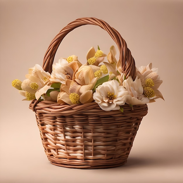 Zdjęcie realistyczny jasnobrązowy projekt kosza z kwiatami miękkie brązowe tło w 8k