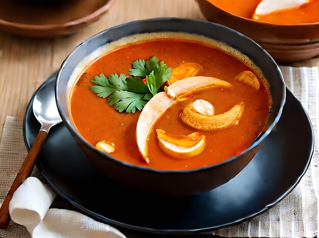 Realistyczny klimat zupy tom yam z ciepłym oświetleniem, przytulną atmosferą, bardzo szczegółowe otoczenie w neutralnej palecie kolorów, w cichej restauracji. Wygenerowano generatywne AI