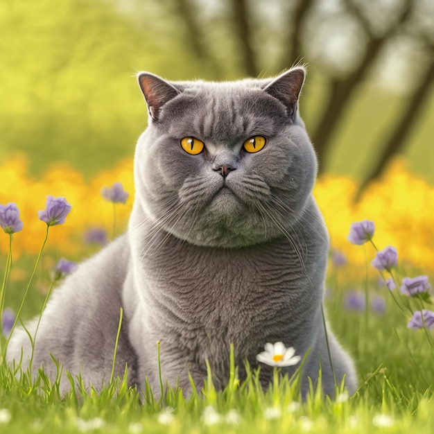 Realistyczny kot brytyjski krótkowłosy na zachwycającym naturalnym tle zewnętrznym