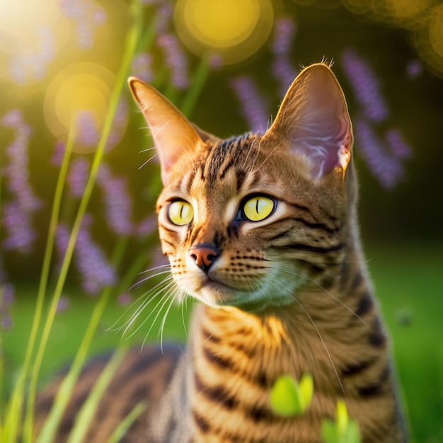 Realistyczny kot ocicat na zachwycającym naturalnym tle zewnętrznym