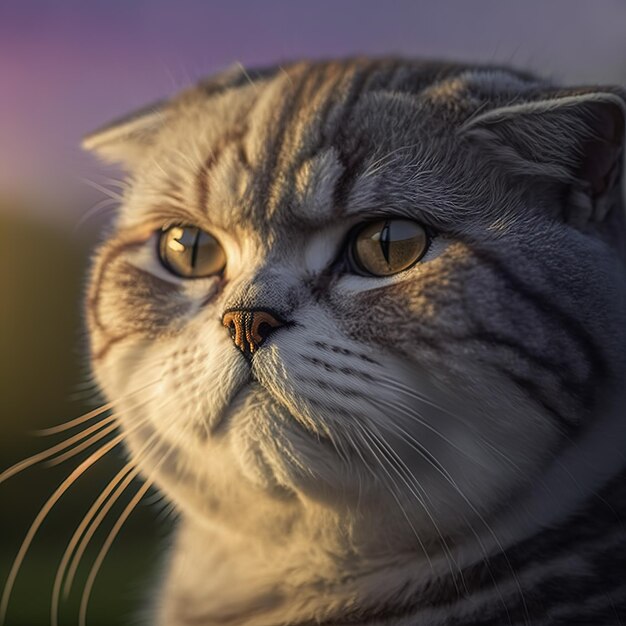 Realistyczny kot szkocki zwisłouchy na zachwycającym naturalnym tle zewnętrznym