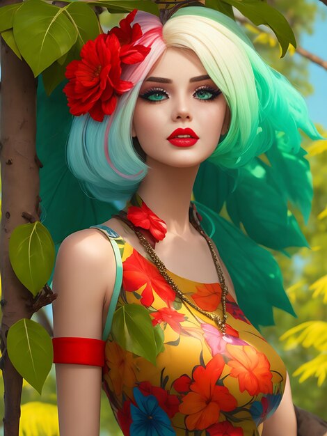 realistyczny letni modny strój Barbie z wielokolorowymi włosami w tle zielonego drzewa 8k