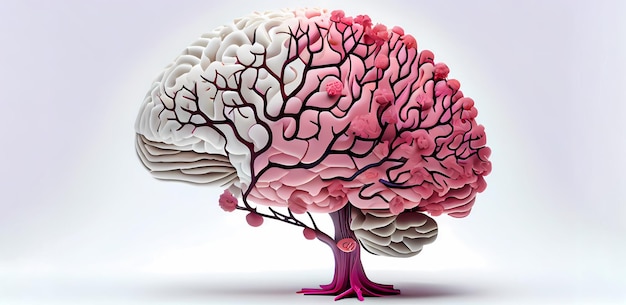 Realistyczny ludzki mózg połączył się z żywym drzewem kwitnącej wiśni, reprezentującym koncepcję samoopieki i psychicznego zdrowia poznawczego Generative Ai