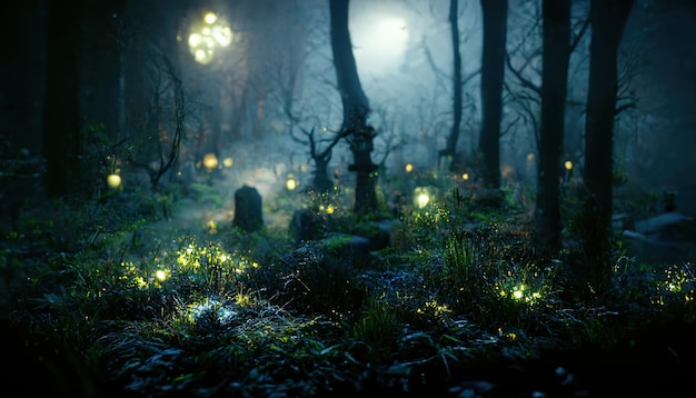 Realistyczny nawiedzony las krajobraz w nocy Fantasy Halloween tło lasu Ilustracja 3D