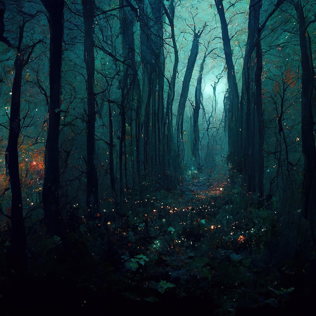 Realistyczny nawiedzony las przerażający krajobraz w nocy Fantasy Halloween tło lasu Sztuka cyfrowa