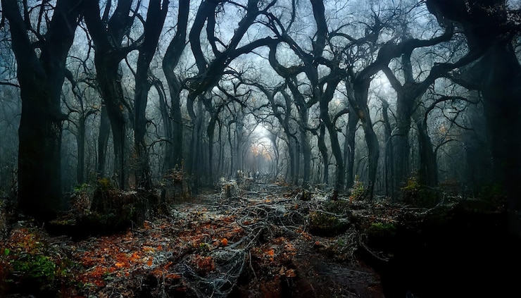 Realistyczny nawiedzony las upiorny krajobraz w nocy Fantasy Halloween tło lasu Ilustracja 3D