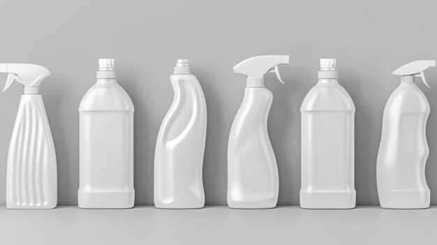 Realistyczny nowoczesny zestaw ilustracji 3D z pustym białym plastikowym pojemnikiem z chemikaliami gospodarstwa domowego