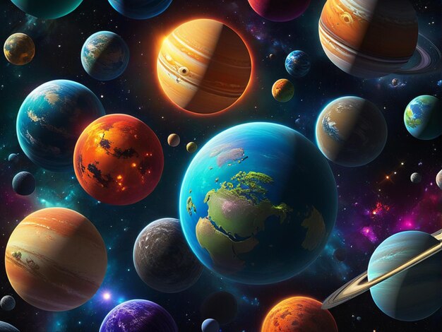 Realistyczny obraz gromady jasnych, kolorowych i animowanych planet