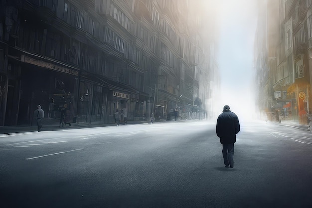 realistyczny obraz, mężczyzna idący ulicą, metr do przodu, duża dziura, znaki ostrzegawcze,