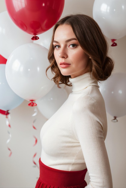 Realistyczny obraz młodej kobiety otoczonej białymi i czerwonymi balonami