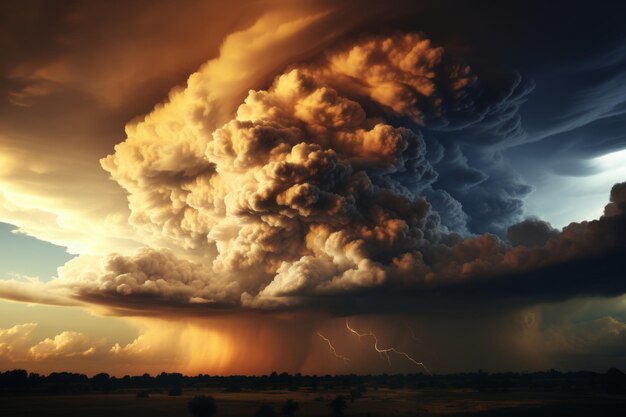 Realistyczny obraz ogromnego tornada na ciemnym niebie z wirującym światłem słonecznym dla wysokiej jakości efektu