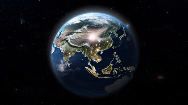 Realistyczny obraz połowy Ziemi widzianej z kosmosu Gwiaździste niebo wokół