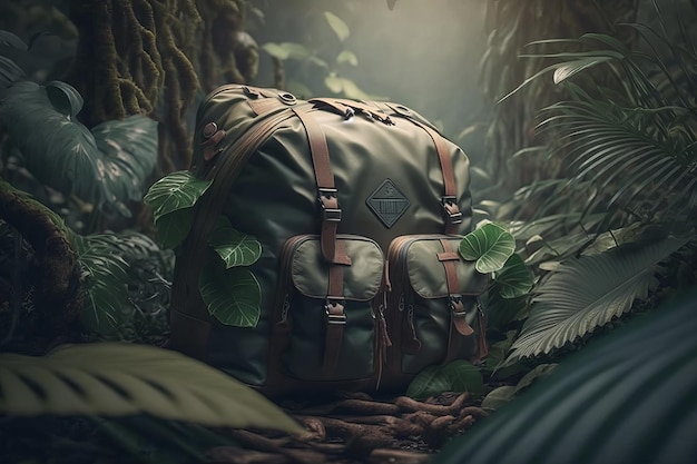 Realistyczny plecak do podróży w tropikalnej dżungli Koncepcja stworzona przy użyciu technologii Generative Ai