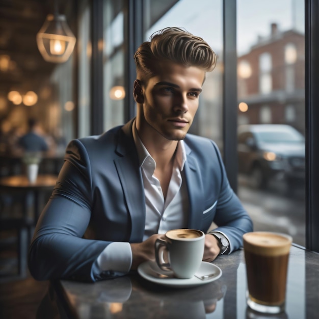 Realistyczny portret biznesmena pijącego kawę w restauracji.