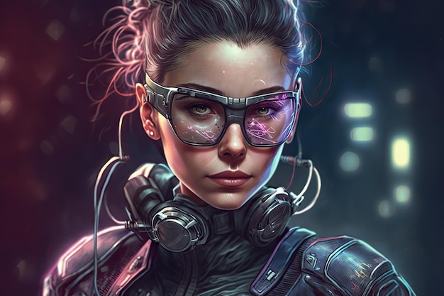 Realistyczny portret cyberpunkowej dziewczyny science fiction ubranej w cybernetyczny futurystyczny zaawansowany technologicznie mężczyzna z przyszłości cyberpunk i pomysł wirtualnej rzeczywistości Ilustracja