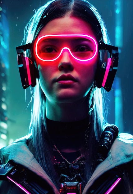 Realistyczny portret dziewczyny cyberpunk scifi. Zaawansowany technologicznie futurystyczny człowiek z przyszłości.