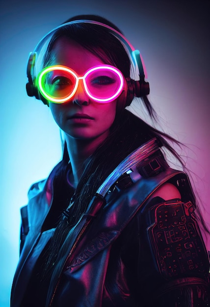 Realistyczny portret dziewczyny cyberpunk scifi. Zaawansowany technologicznie futurystyczny człowiek z przyszłości.