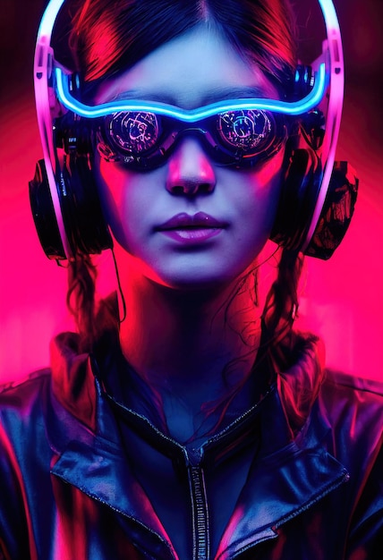 Realistyczny portret fikcyjnej dziewczyny ze słuchawkami. Nowoczesna dziewczyna z zestawem słuchawkowym cyber.