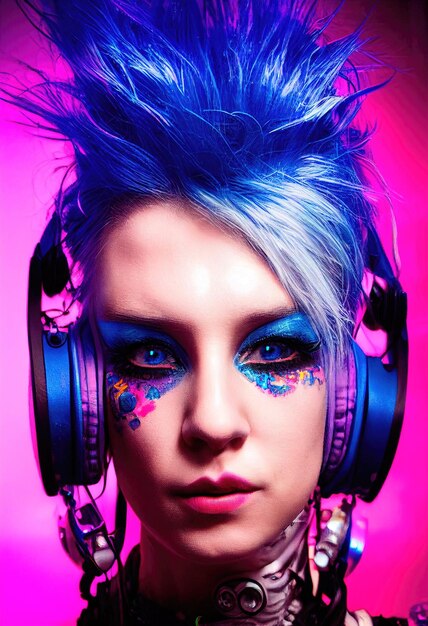 Realistyczny portret fikcyjnej ładnej dziewczyny punkowej ze słuchawkami i niebieskoróżowymi włosami.